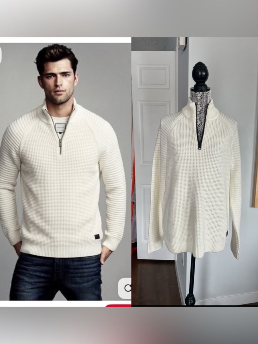 New Men’s Large Jack & Jones Textured Waffle Knit Quarter Zip Pullover Sweater.